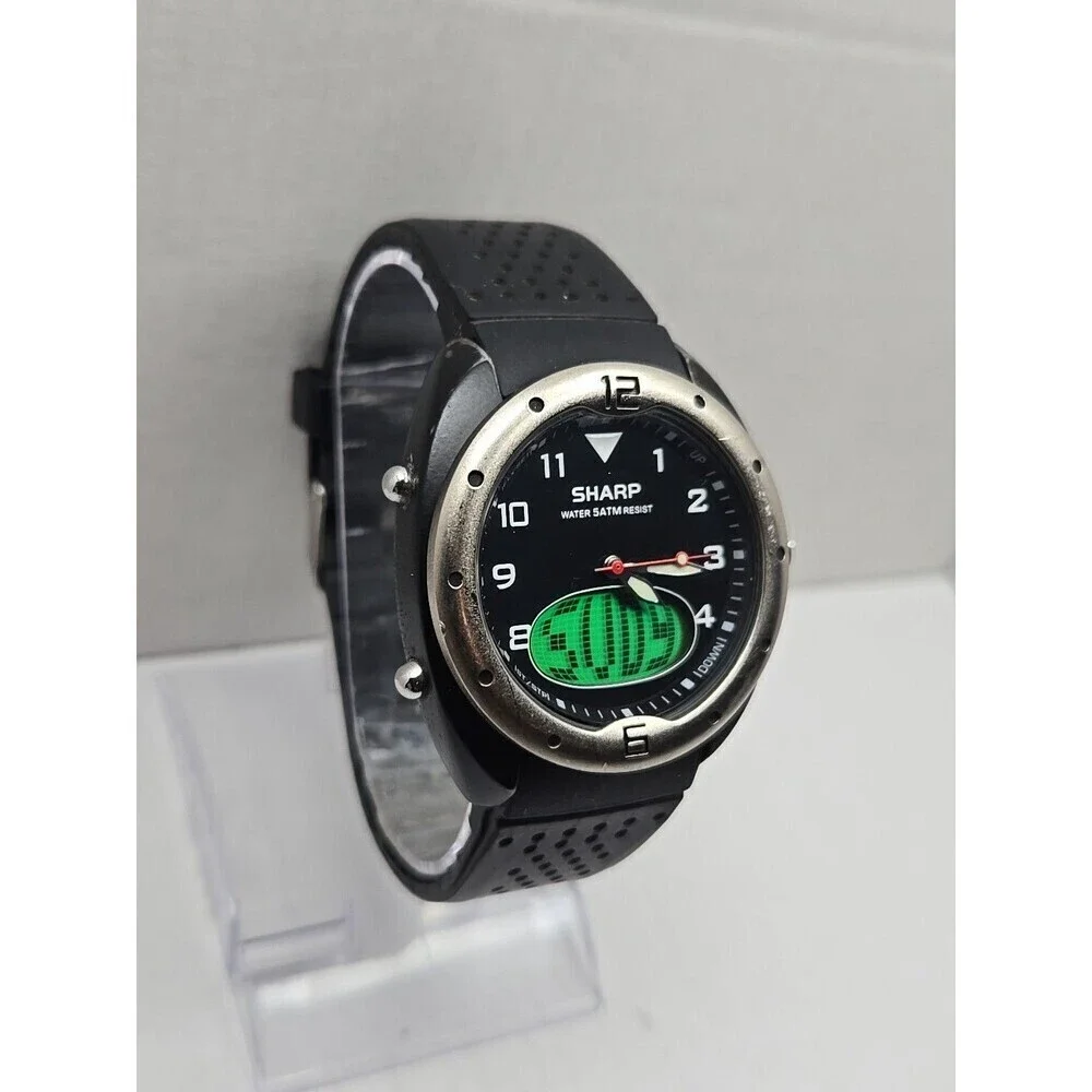 Sharp Analog Digital Quartz Sport Watch 5 ATM Black Rubber Band New Battery Mens